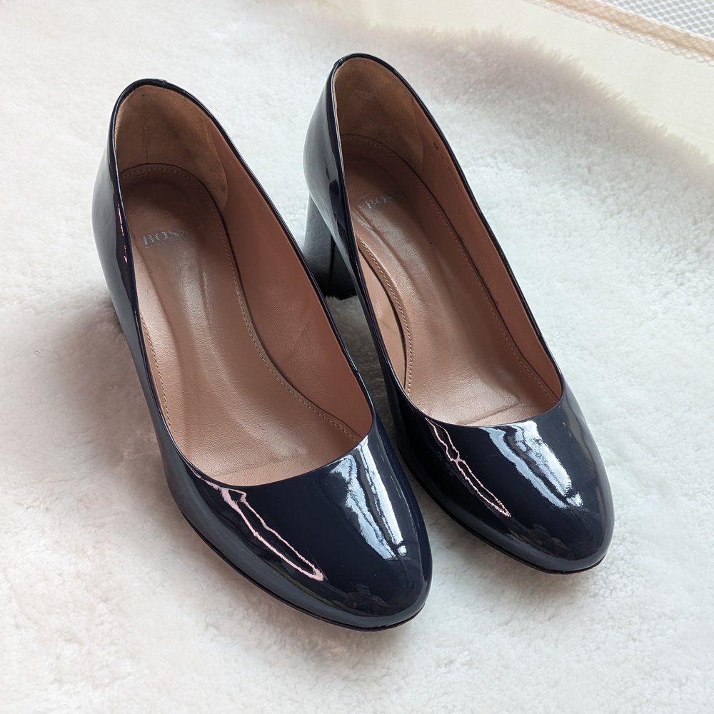 Hugo Boss 6.5 Womens Patent Leather Blue Pumps Used Fair Classic Workwear Luxury